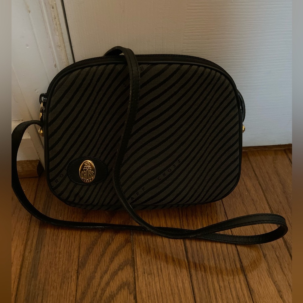Vintage Mark Cross Italy Logo Stripe Canvas Crossbody Purse Bag
